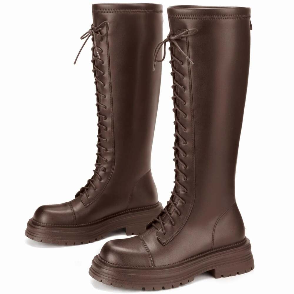 Women's Chunky Platform Knee High Boots - Brown